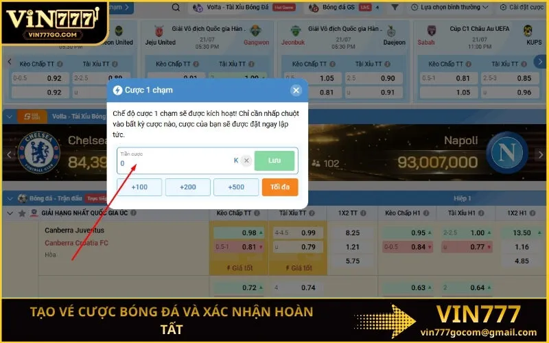 Tạo vé cược bóng đá và xác nhận hoàn tất